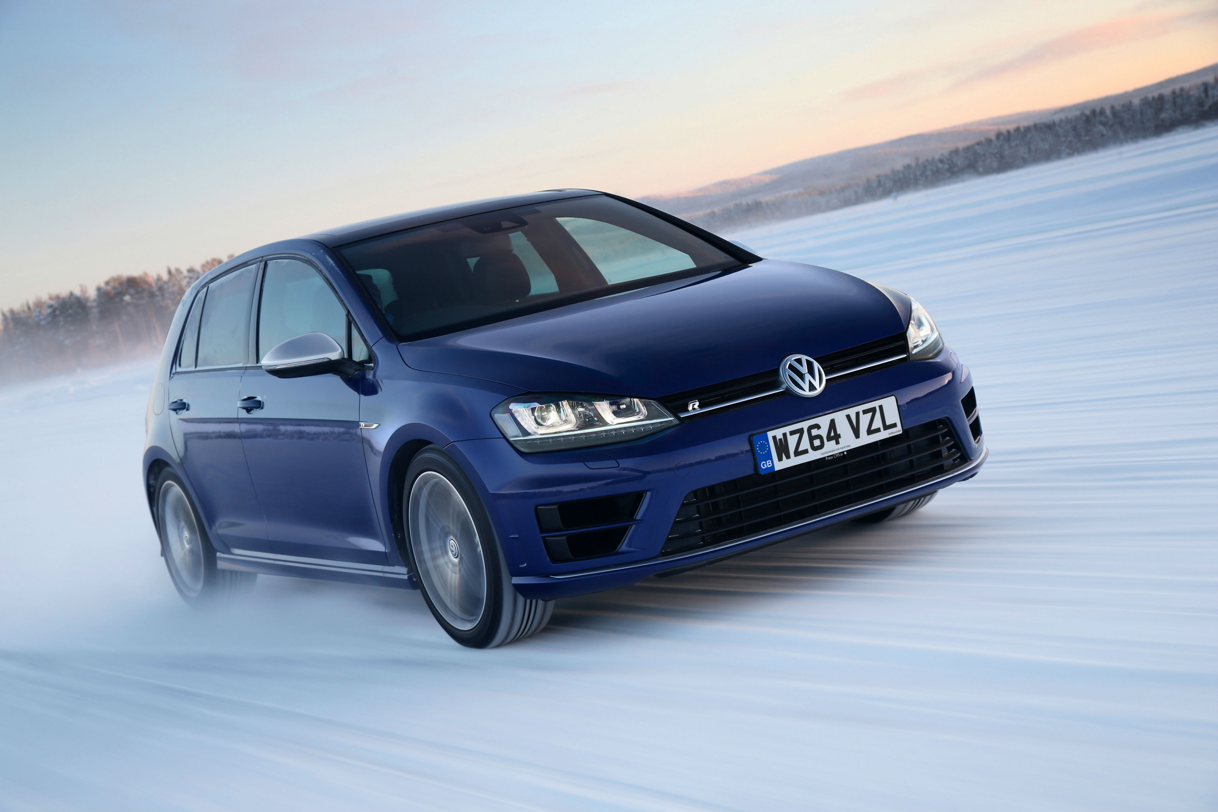 Volkswagen Golf R driving on snow-covered roads