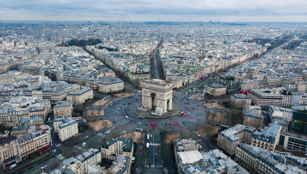 birds eye view of Arc de Triomphe and surrounding roads