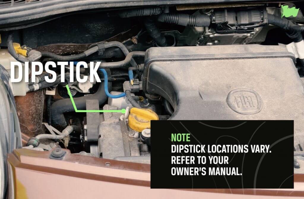 A green lines points to the location of the dipstick.