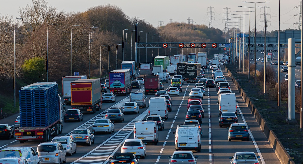 Cars queuing on a busy UK motorway